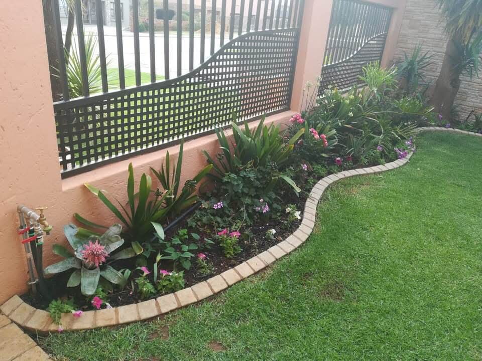 Curved garden bed with irrigation and mixed flowering plants